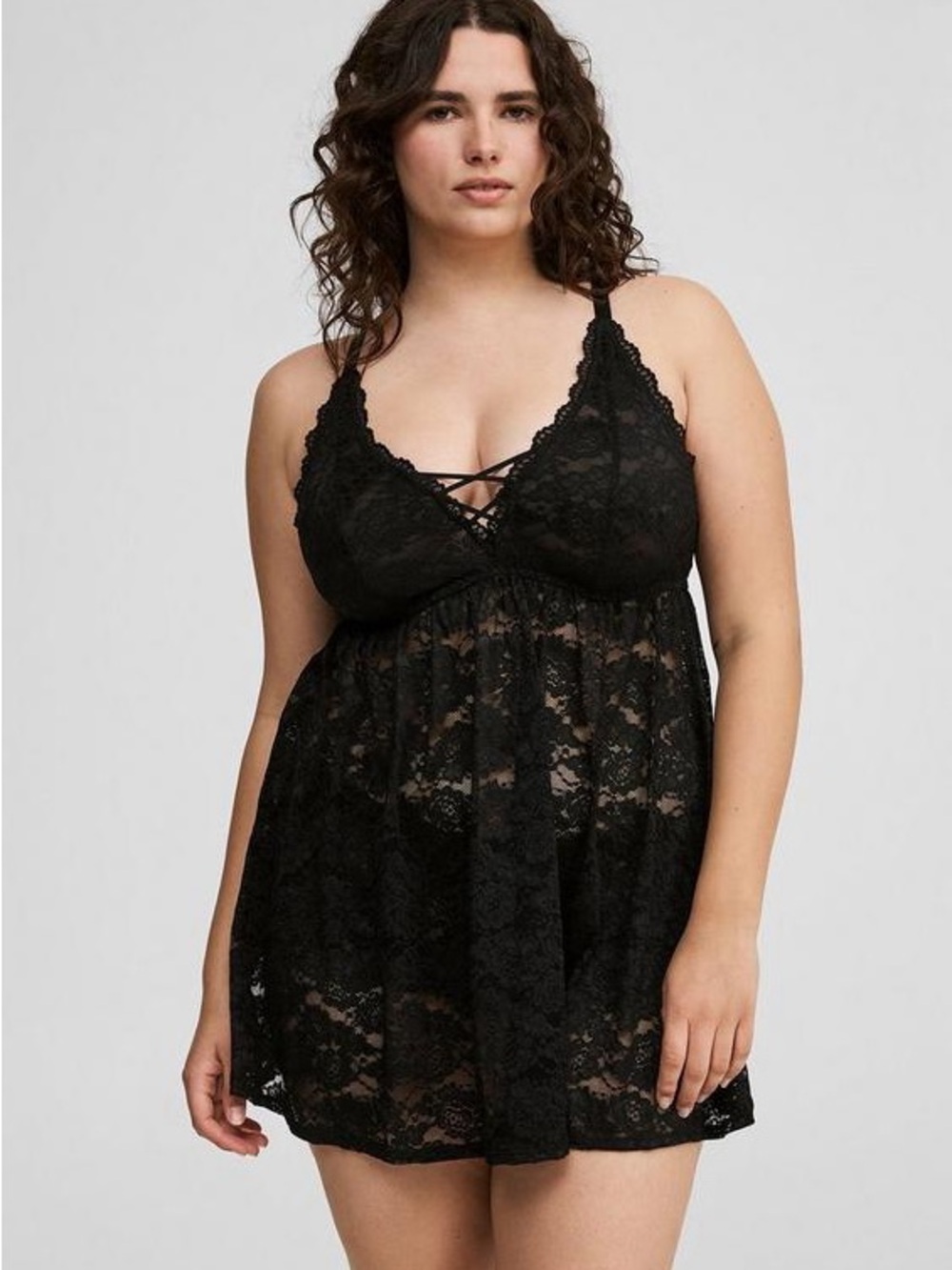 NWT .torrid Black Floral Lace Strappy V-Neck babydoll
